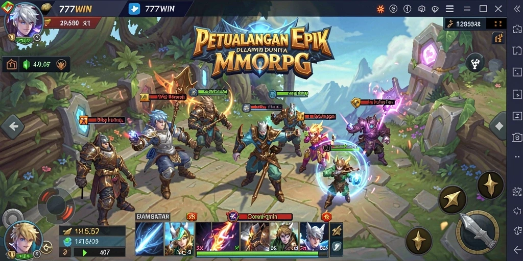 Screenshot gameplay 777WIN dengan pertarungan seru di dunia fantasi.