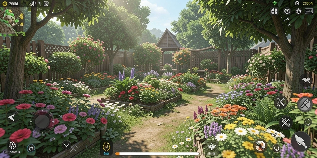 Tampilan gameplay D200M menunjukkan kebun yang hijau dan produktif.