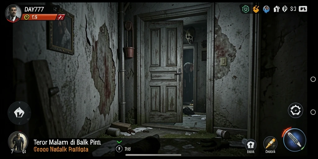 Screenshot gameplay DAY777, menampilkan suasana mencekam yang khas.
