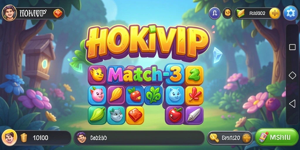 Screenshot gameplay HOKIVIP yang menunjukkan aksi mencocokkan item Match-3.