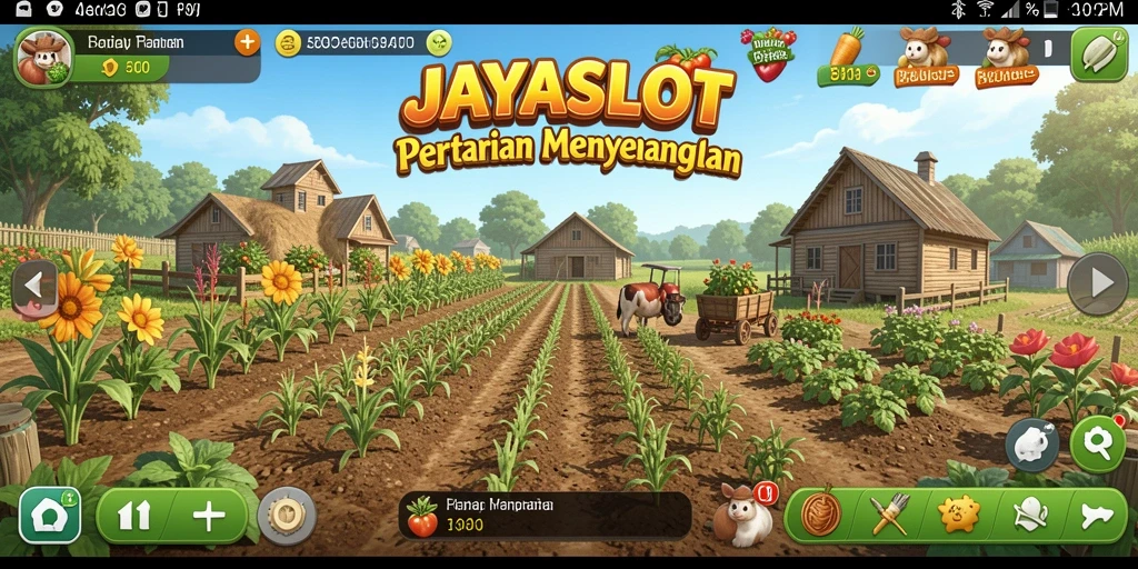 Tampilan gameplay JAYASLOT yang menampilkan kebun yang subur dan tanaman yang beragam.