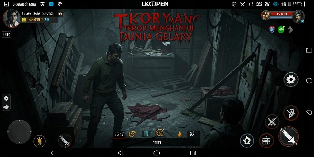 Screenshot menampilkan gameplay LKOPEN dengan suasana yang mencekam dan kegelapan misterius.