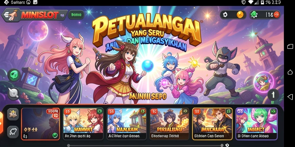 Screenshot gameplay <strong>MINISLOT</strong> dengan karakter Anime yang penuh warna.