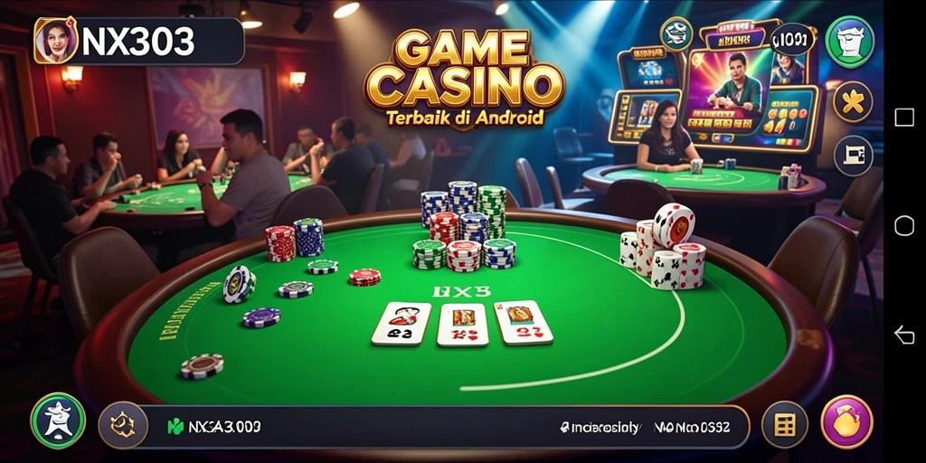 Screenshot gameplay NX303 menampilkan dealer langsung dan suasana kasino yang menggembirakan.
