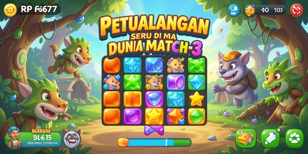 Screenshot RP6677 menampilkan gameplay Match-3 yang seru dan penuh warna.
