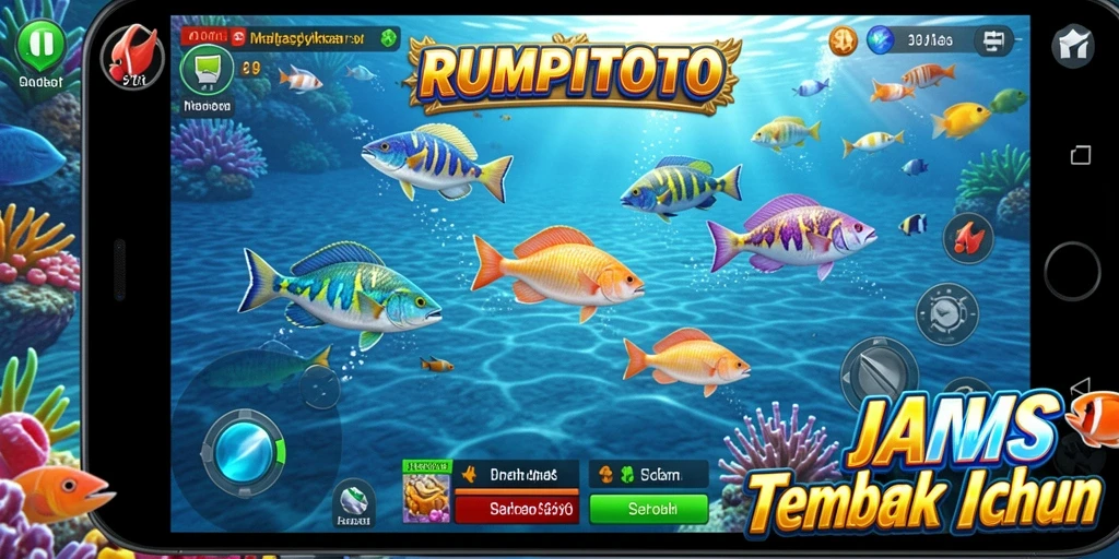 Tampilan gameplay RUMPITOTO saat menembak ikan berwarna-warni di lautan.